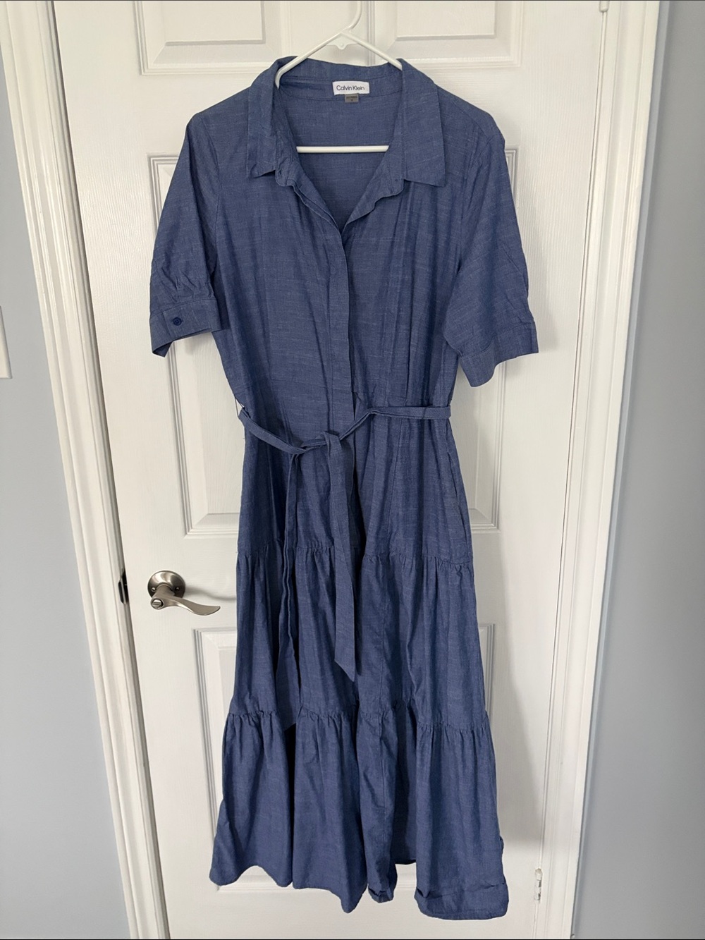 Calvin Klein Blue Tiered Maxi Shirt Dress with Waist Tie